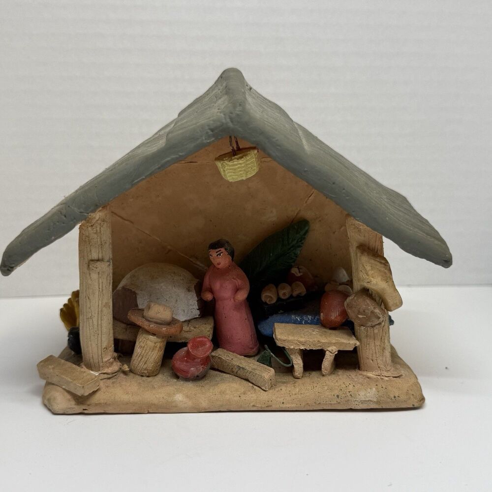 Vintage Handmade Clay Pottery Terra Cotta Folk Art Diorama Hut Kitchen Scene
